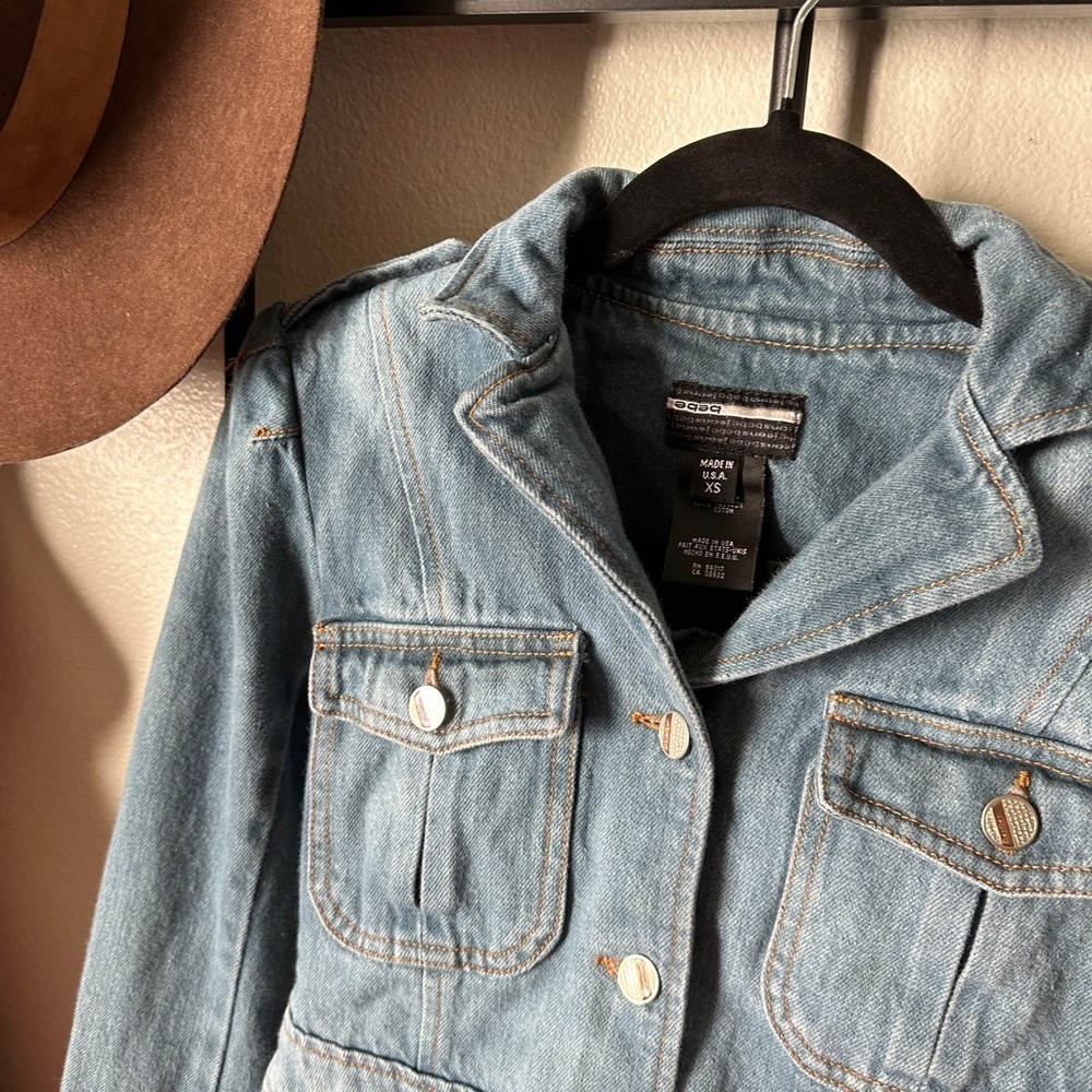 Bebe medium wash military style denim jean button fitted y2k 2000s jacket coat - Picture 2 of 5
